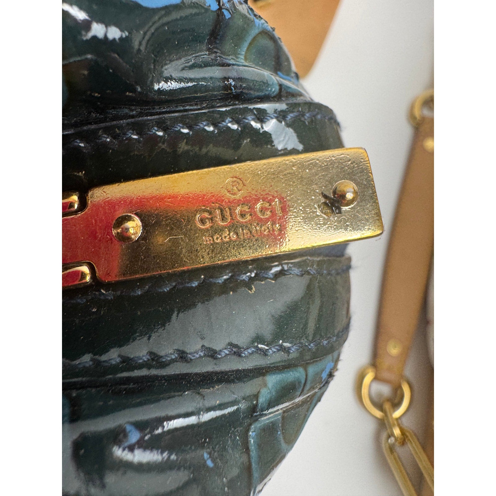 Gucci Vintage Green Blue Black patent leather top handle bag w/gold hardware