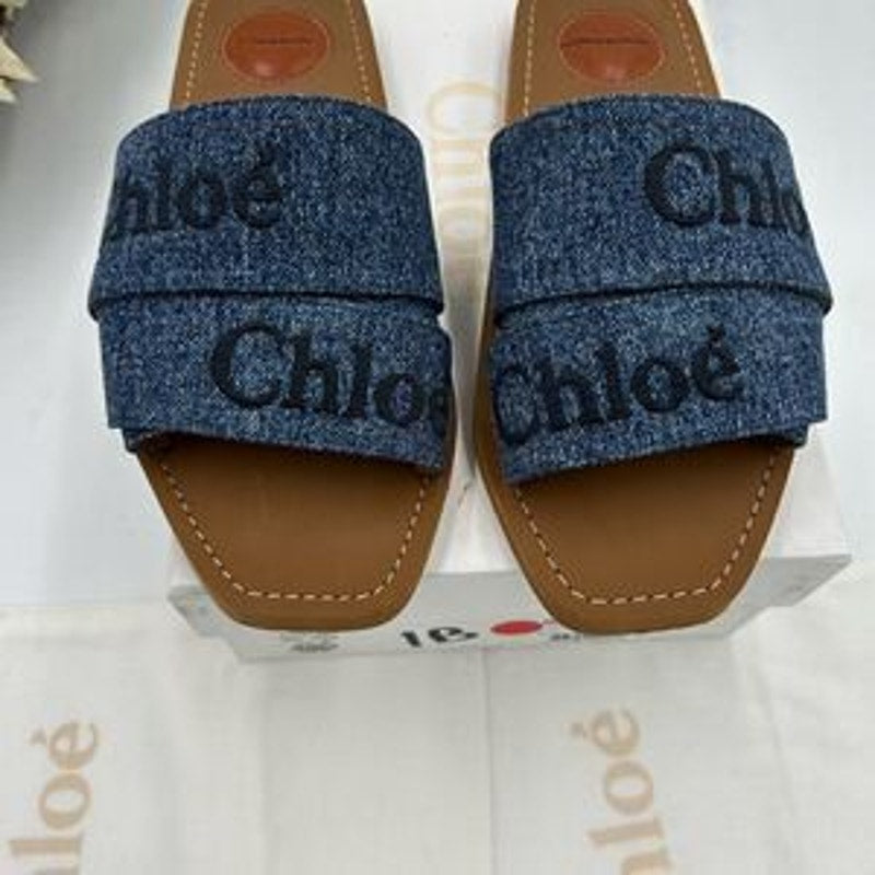 Women’s Chloe woody logo embroidered denim sandals size 38 made in Italy