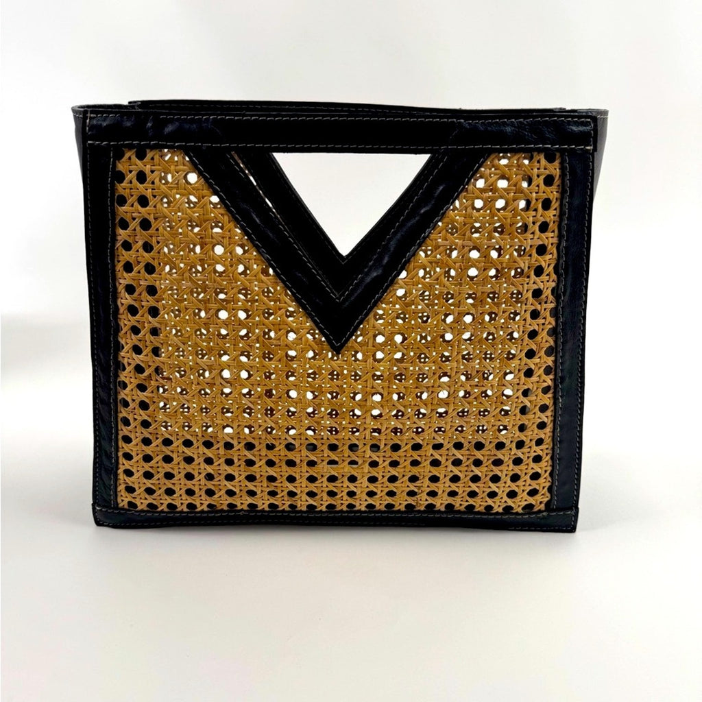 Black leather and rafia unbranded unique modern art tote/top handle bag