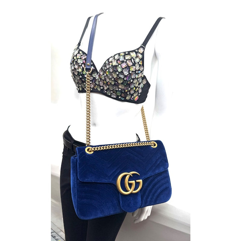 Gucci Medium Marmont Velvet Shoulder Bag - Blue - Antique Gold Hardware