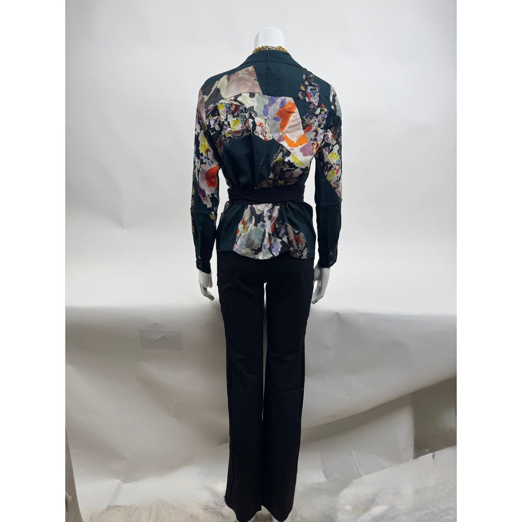 Luxury Style Multicolor Patterned Collared V-Neck Wrap Blouse