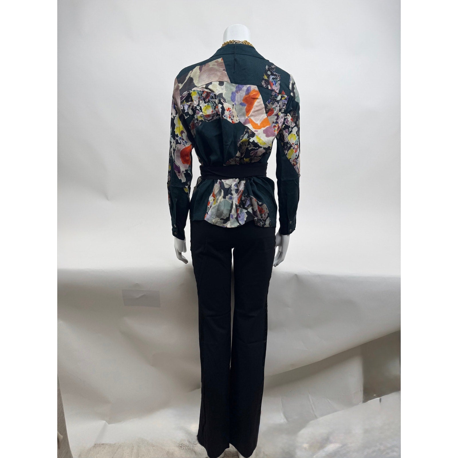 Luxury Style Multicolor Patterned Collared V-Neck Wrap Blouse