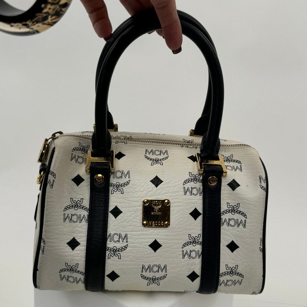 MCM Navy Blue and White Monogram Rare Boston Mini Top Handle Bag