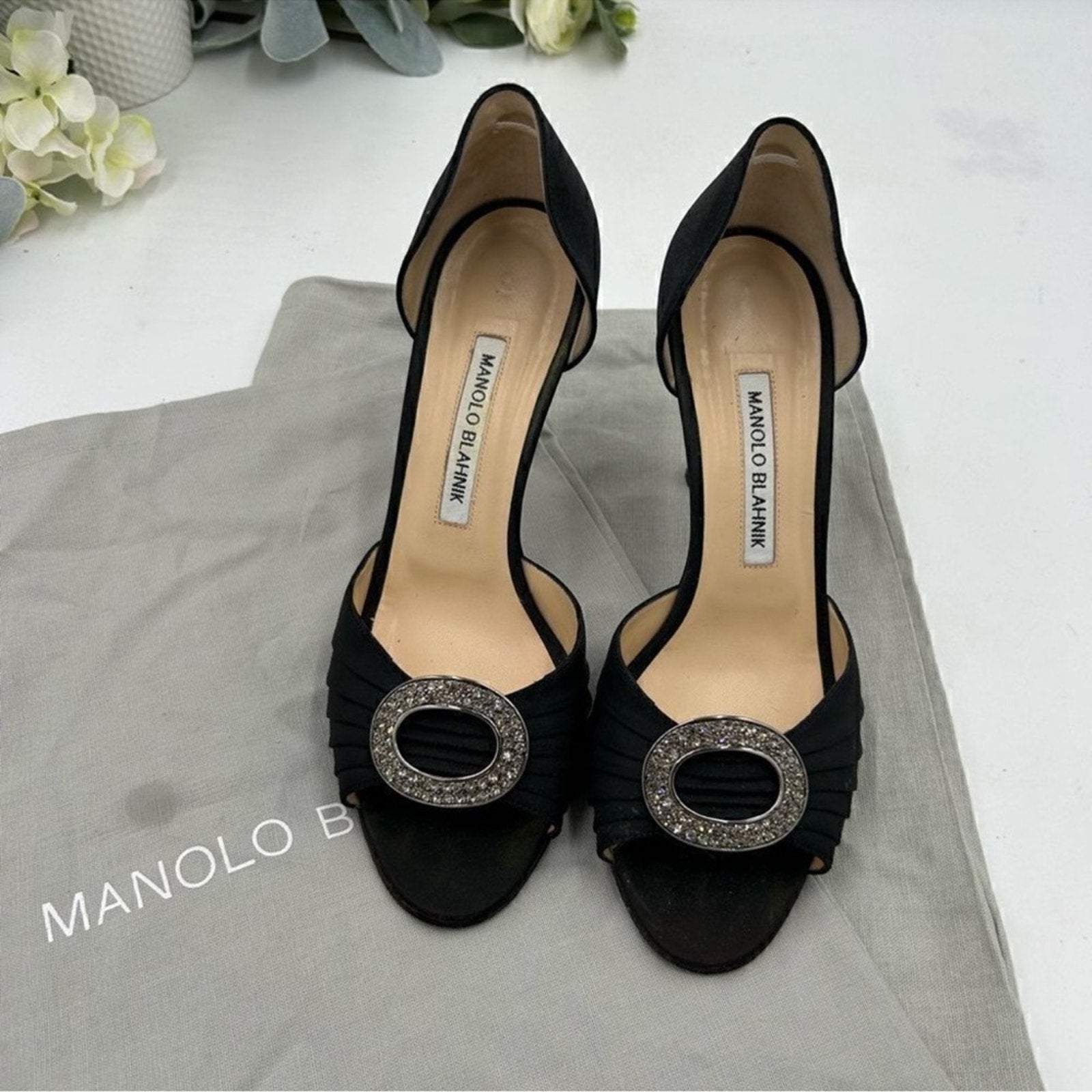 Women's Manolo Blanik, black pleaded satin,sedarby D'Orsay sandals Sz 37.5 Italy