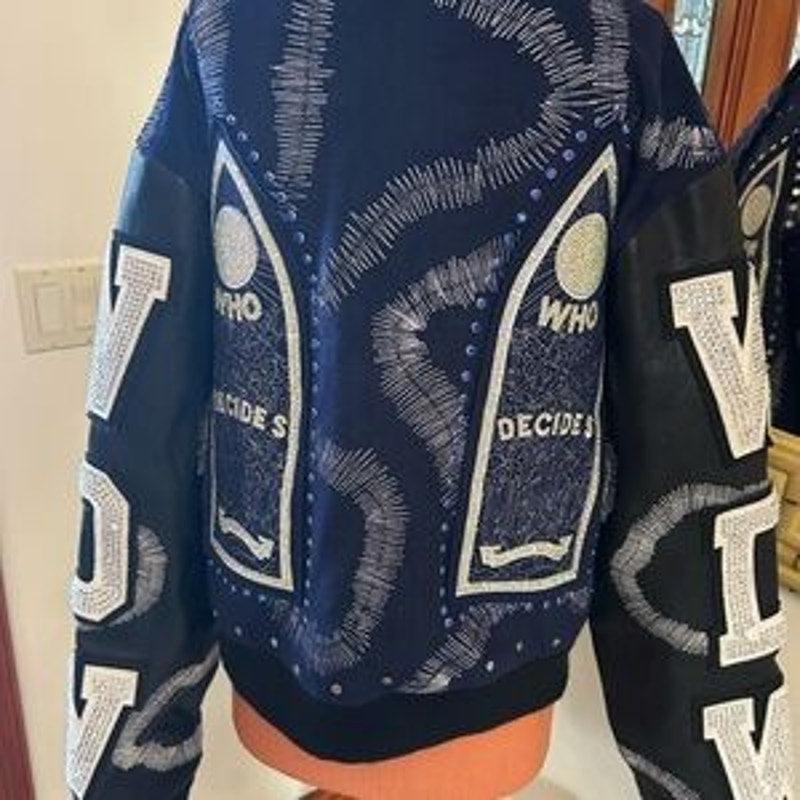 Men's WHO DECIDES war hardware, varsity jacket, size XL