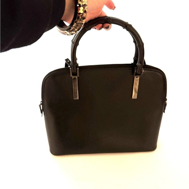 Gucci Black Pebble Grained leather w/bamboo handle /top zip/silver hardware