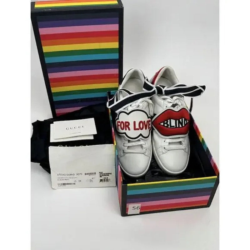 VNDS OG Women's Gucci White Leather Blind For Love Ace Sneakers Size 39