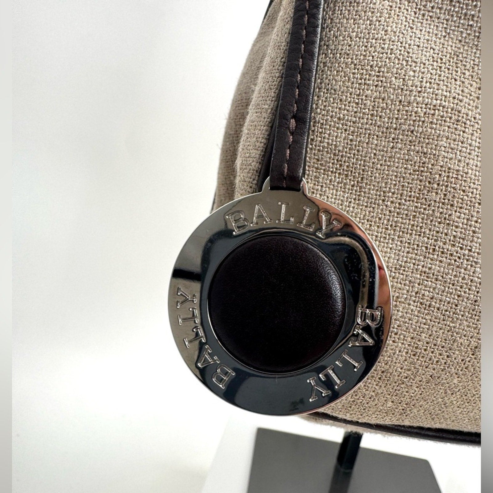 Bally linen shoulder bag /leather piping/web strap and  silver Bally purse charm