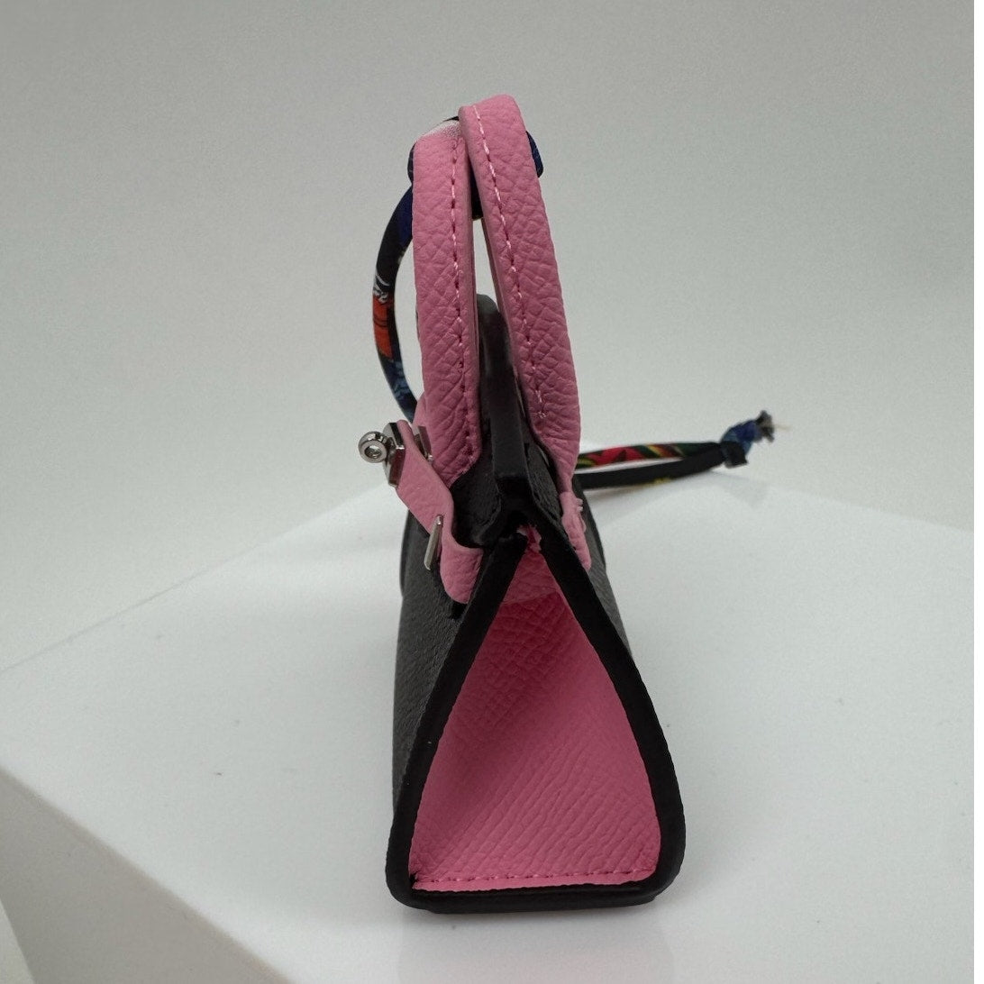 Two-Tone Luxury Leather Miniature Handbag Charm - Mini Bag in Black & Pink