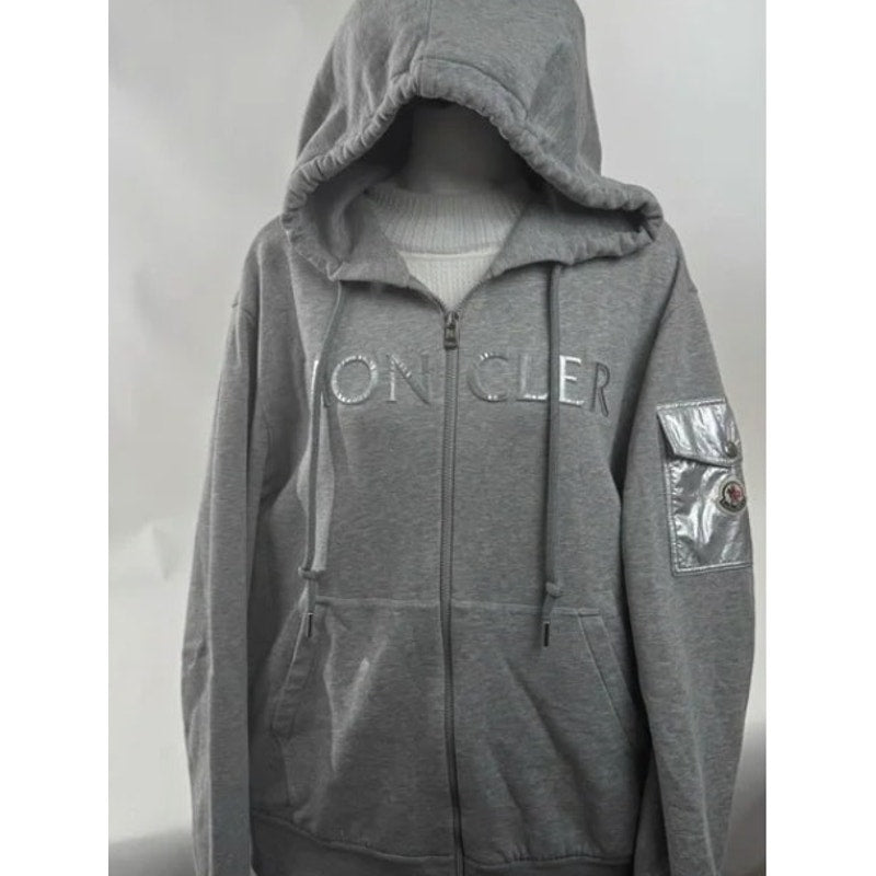 Moncler Men’s 2XL Gray Zip-Up Hoodie – Metallic Puffed Lettering (NWOT)
