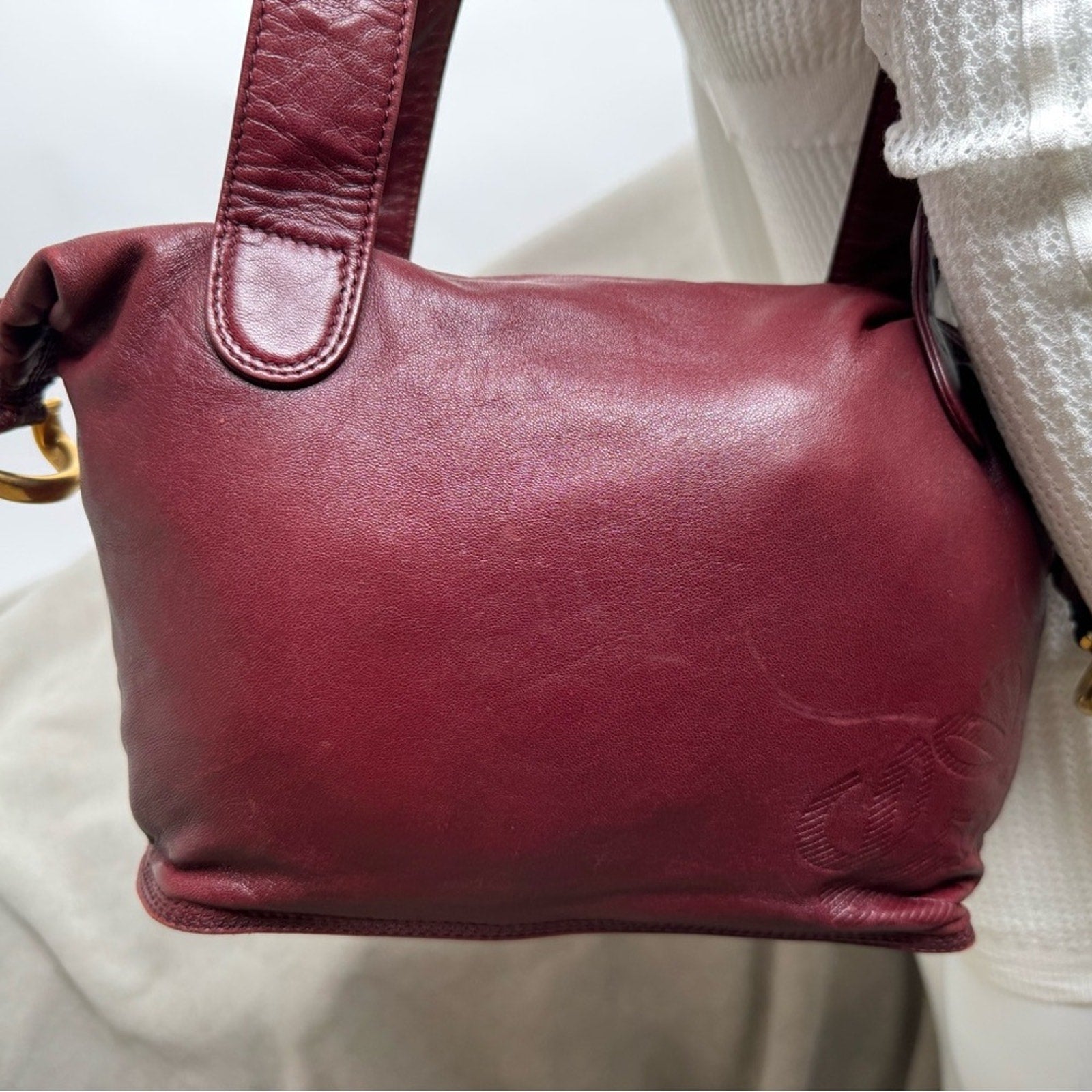 Loewe leather long strap buttery soft w/anagram and gold side gorgeous accents