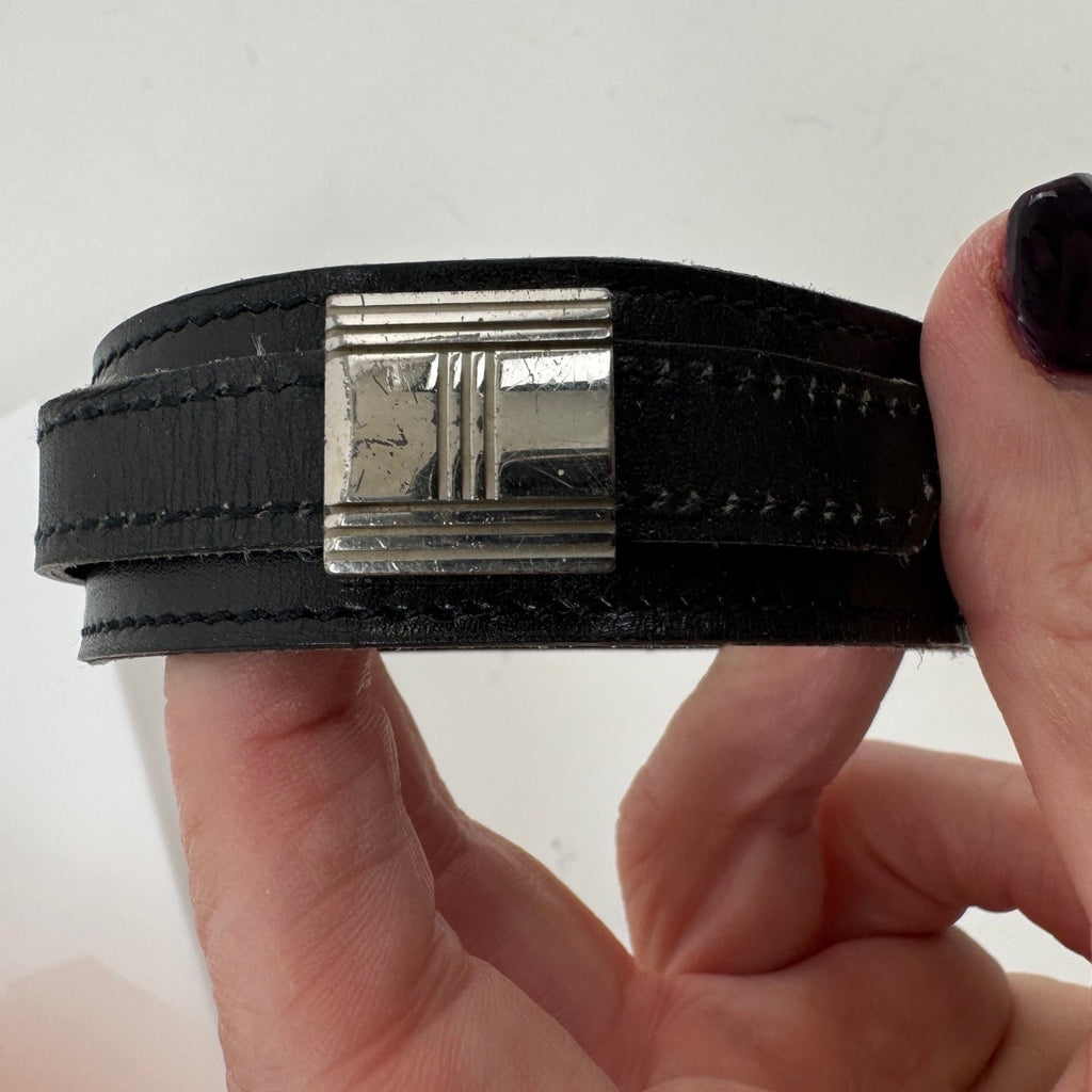 Hermes Rare Black Logo Artemis Leather With Silver Closure Bracelet