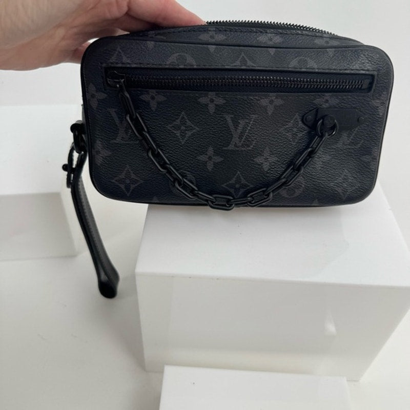 LV Black Virgil Abloh Coated Canvas Monogram Eclipse Volga Pochette Clutch Bag