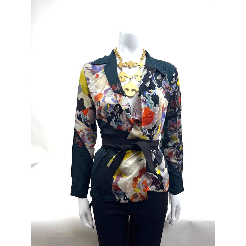 Luxury Style Multicolor Patterned Collared V-Neck Wrap Blouse