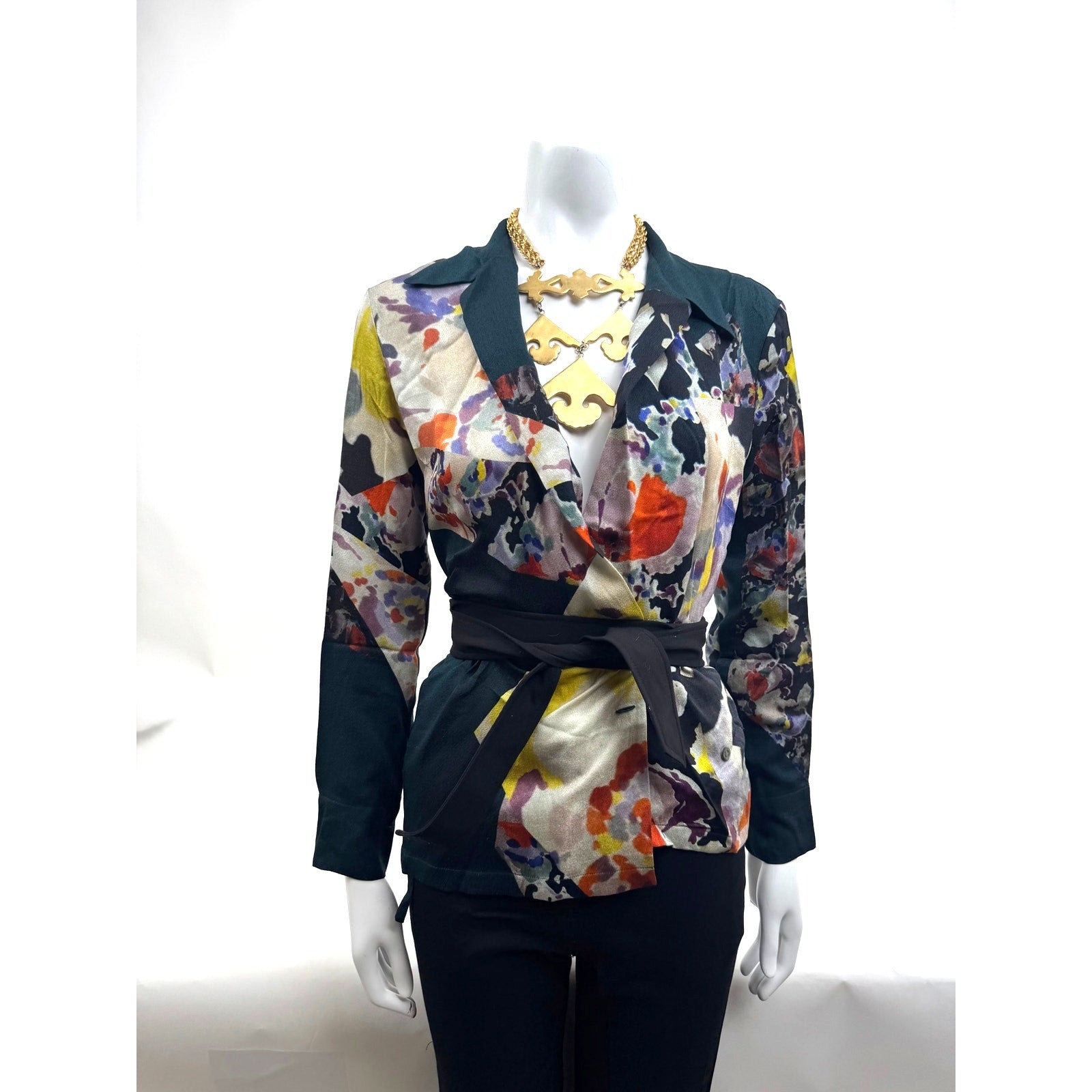 Luxury Style Multicolor Patterned Collared V-Neck Wrap Blouse