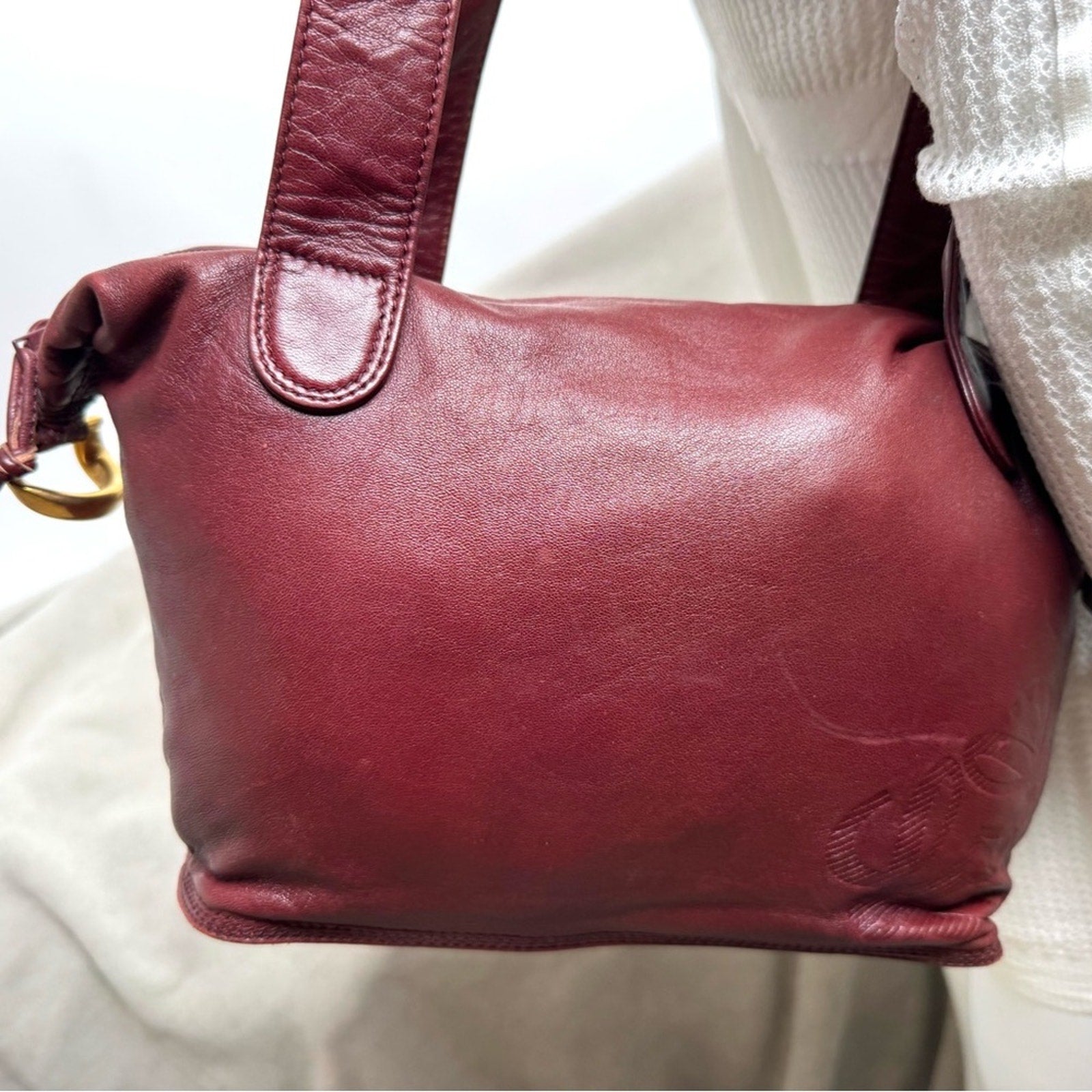 Loewe leather long strap buttery soft w/anagram and gold side gorgeous accents