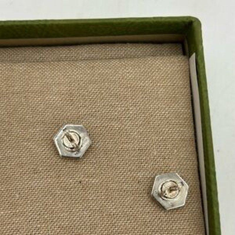 Gucci logo, engraved sterling silver hexagon stud earrings made in Italy