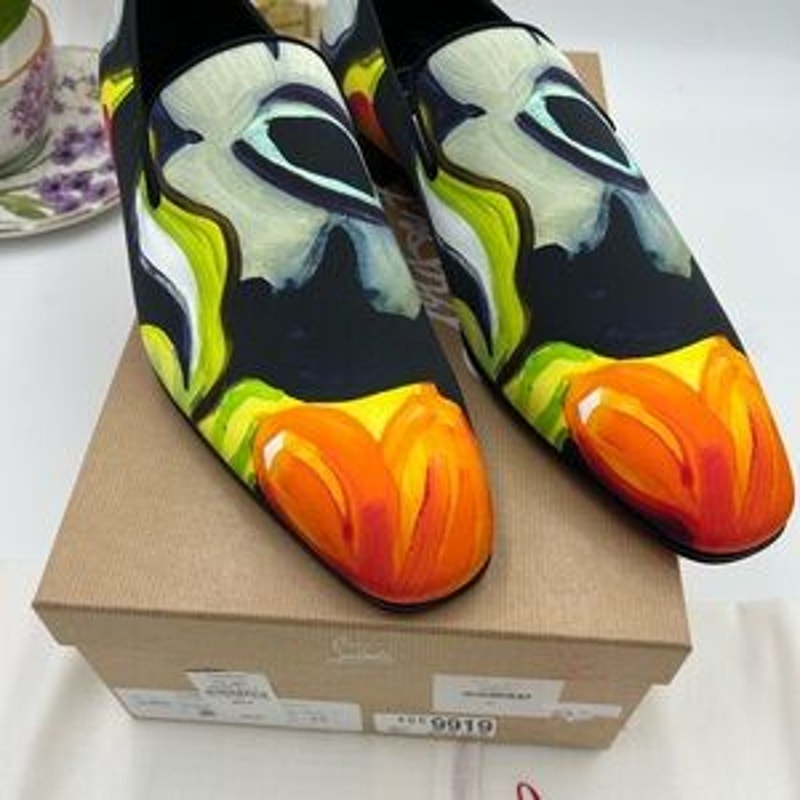 Men's Christian Louboutin, dandy, chick floral satin loafers size 45 made Italy