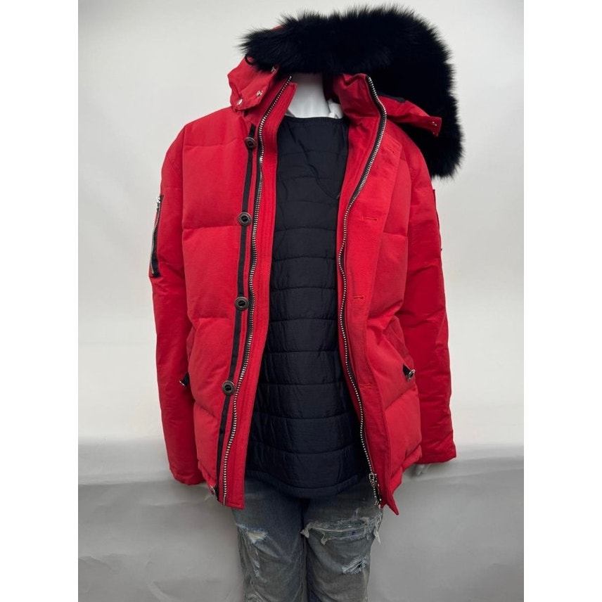 Men's Moose Knuckles Red Puffer Down Jacket With Detachable Fur Hood Size XL