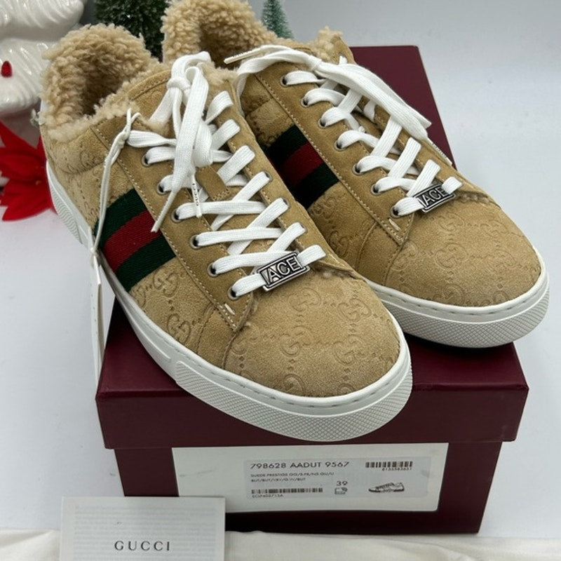 Women's Gucci ace GG suede sneakers with shearling lining size 39 made in Italy