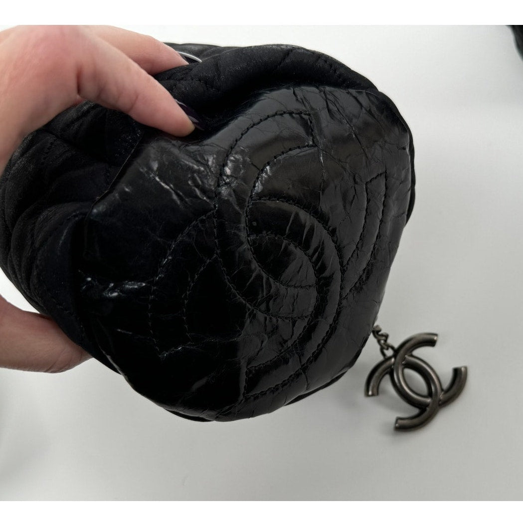 Chanel Black 3-way Leather & Patent Bag w/ Huge CC Charm /Runway Barrel Bag