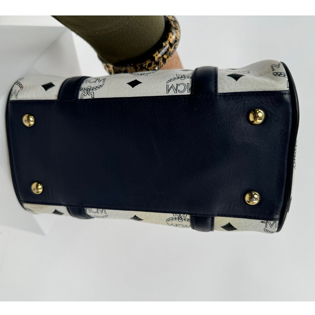 MCM Navy Blue and White Monogram Rare Boston Mini Top Handle Bag