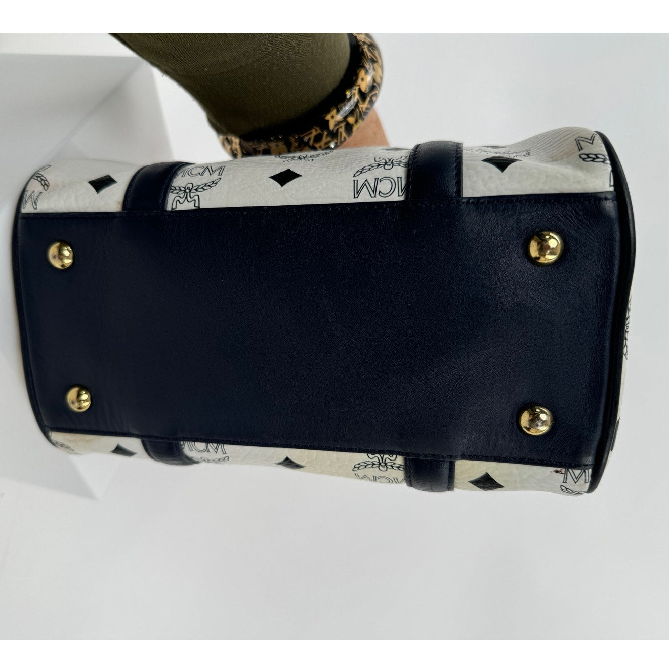 MCM Navy Blue and White Monogram Rare Boston Mini Top Handle Bag