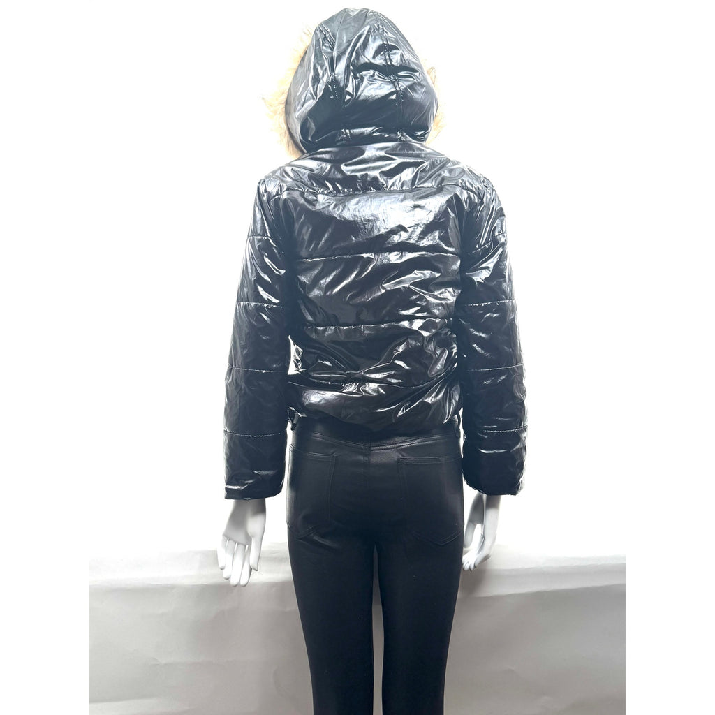 Kids Hudson Black Shiny Puffer Jacket with Faux Fur Hood Size L Fits Women’s XS