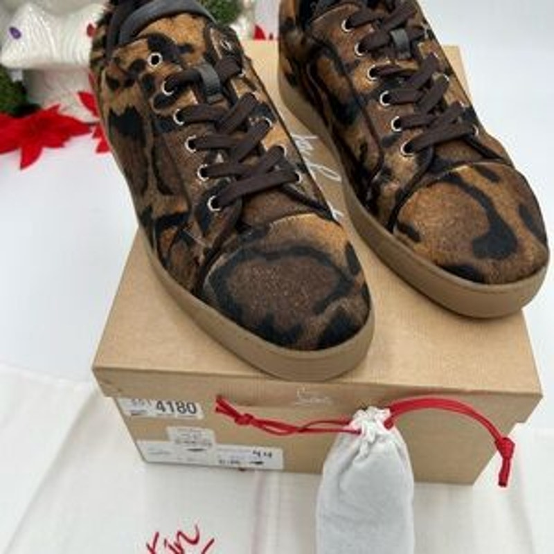 Men's Christian Louboutin, Louis Jr leopard print leather sneakers size 44