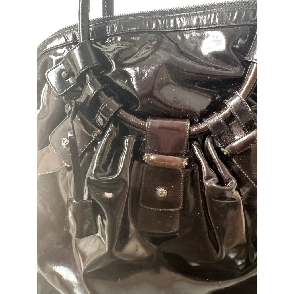 Salvatore Ferragamo Gancini Black Patent Leather Ruched Boho Hobo Bag