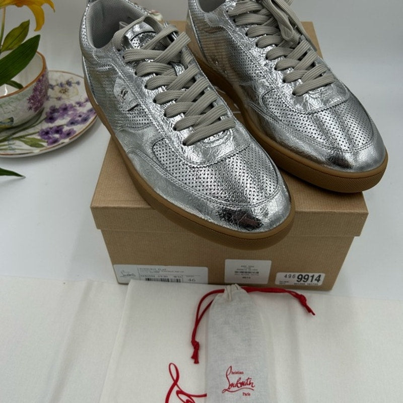 Men's Christian Louboutin TUTTI RUI low top silver leather sneakers size 46