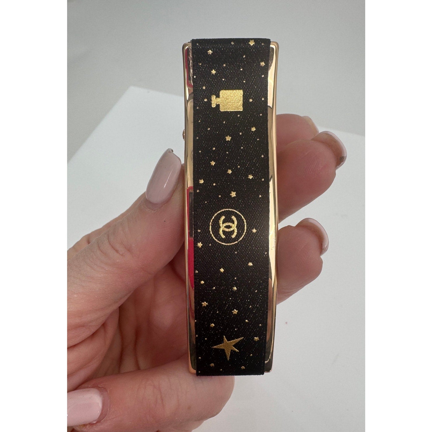 Women's Chanel Black & Gold Logo Star Print Hair Barrette Clip