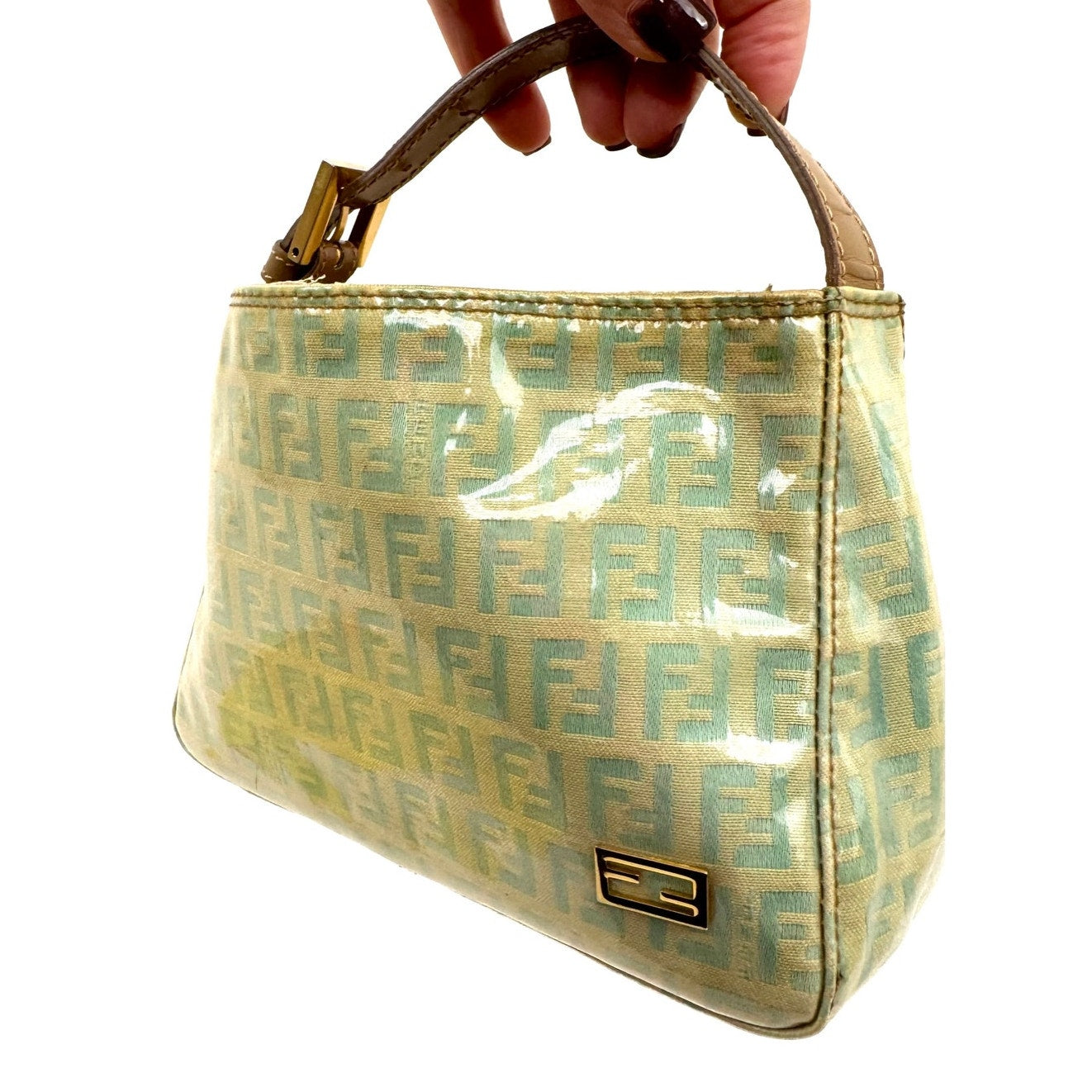 Fendi Green Monogram Open Top Handle Pochette Bag