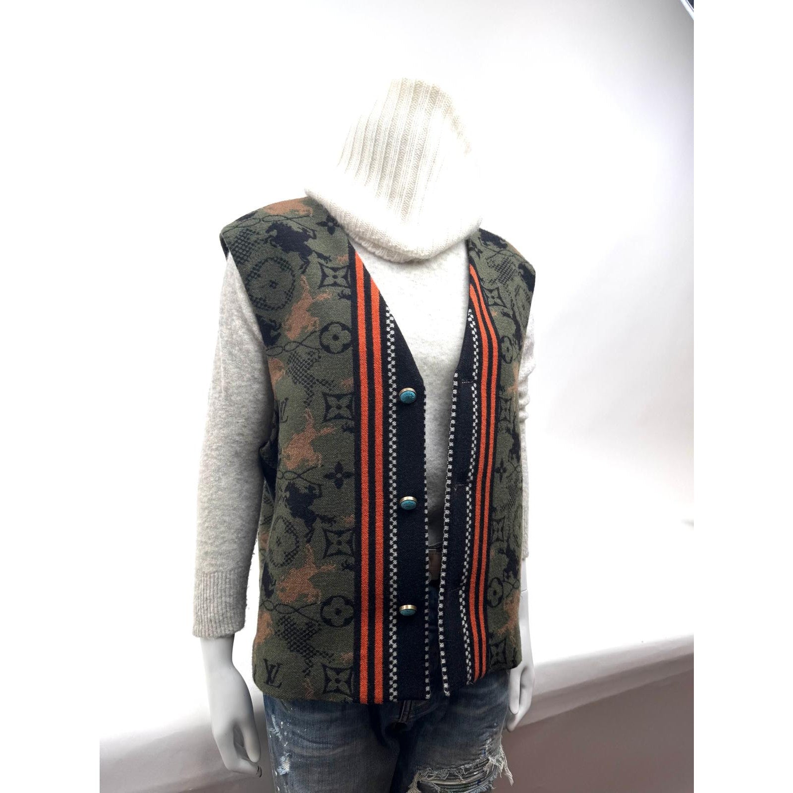 Louis Vuitton Monogram Bull Jacquard Knit Vest Turquoise Buttons XXL