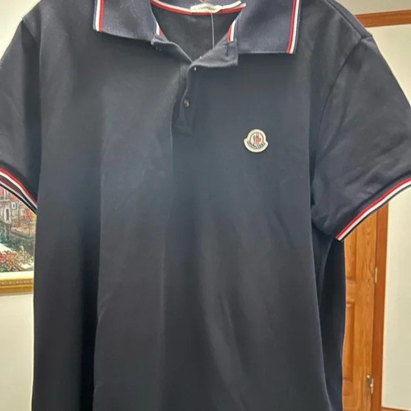 Men's Moncler tri-color, trimmed cotton piquet polo shirt in navy blue large