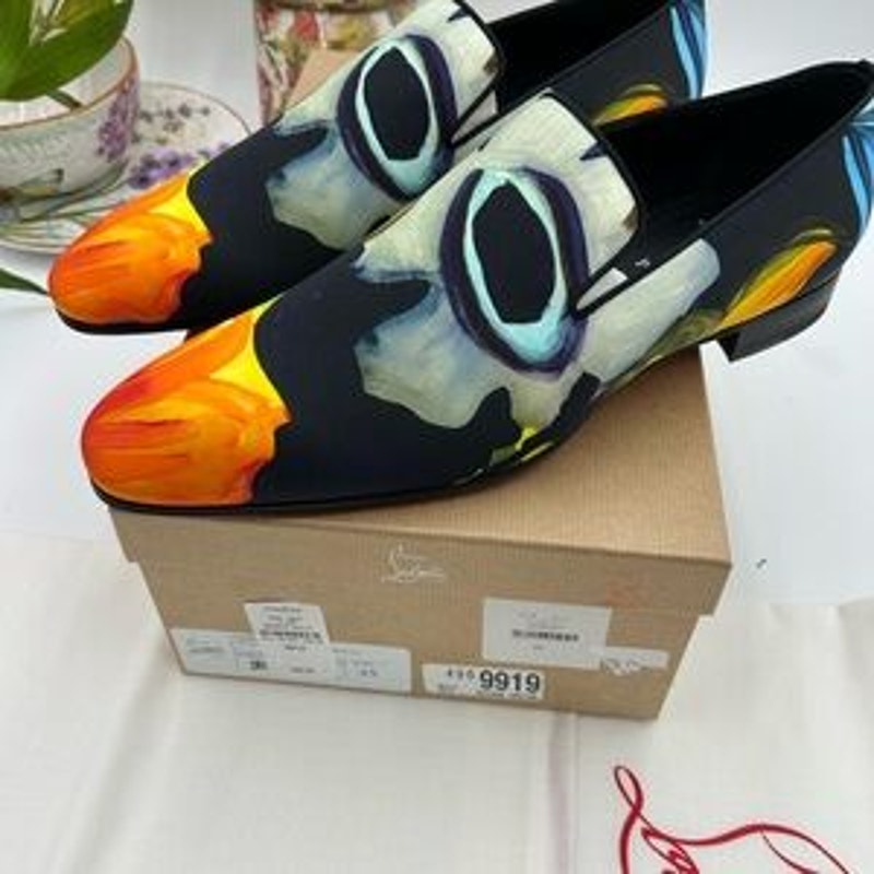 Men's Christian Louboutin, dandy, chick floral satin loafers size 45 made Italy