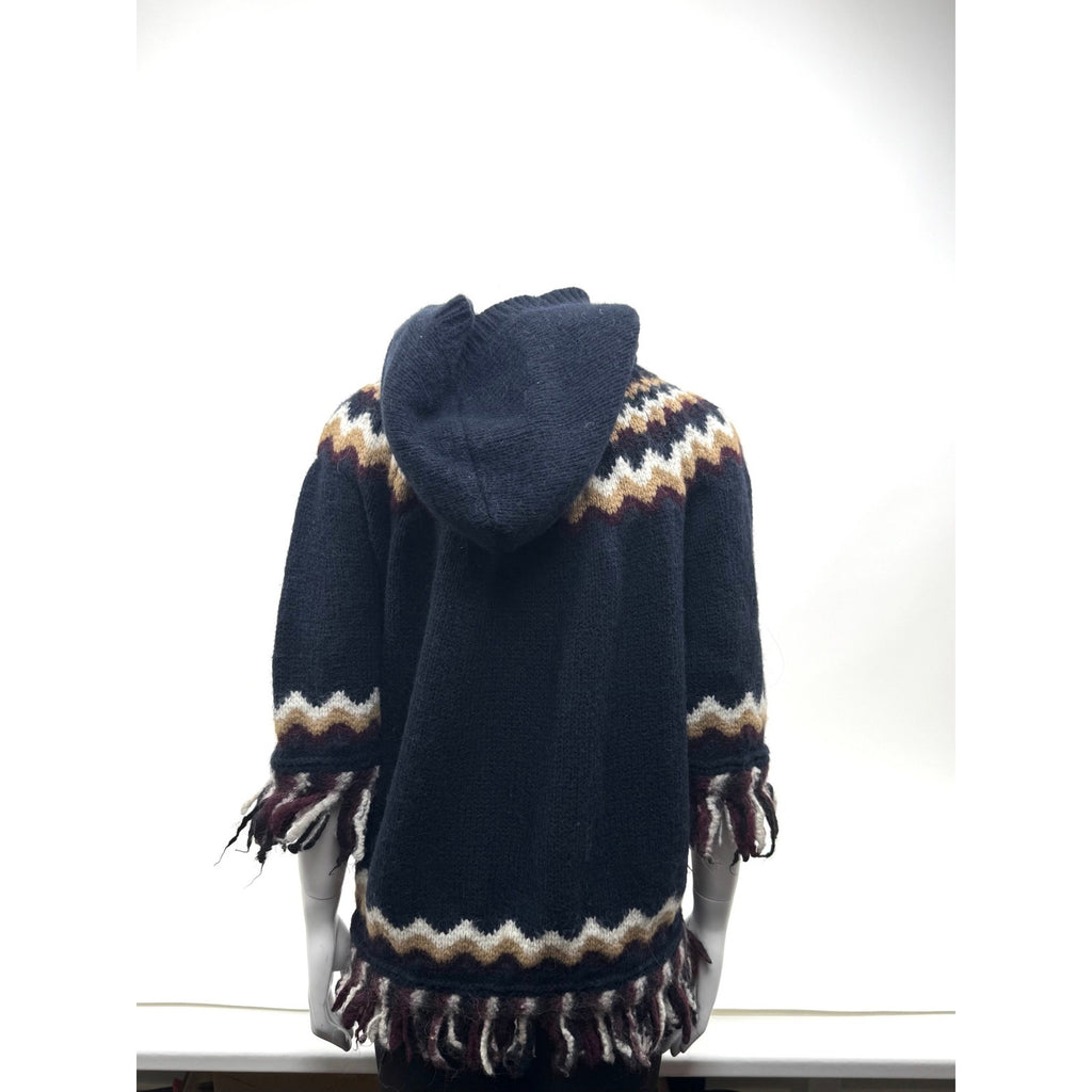 Women's RED Valentino Fair Isle Fringe Hooded Poncho Sweater Cape – Size M