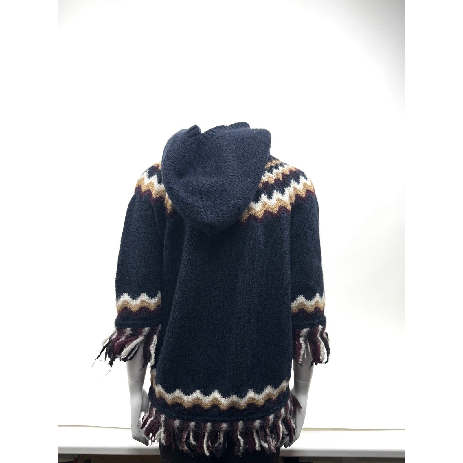 Women's RED Valentino Fair Isle Fringe Hooded Poncho Sweater Cape – Size M