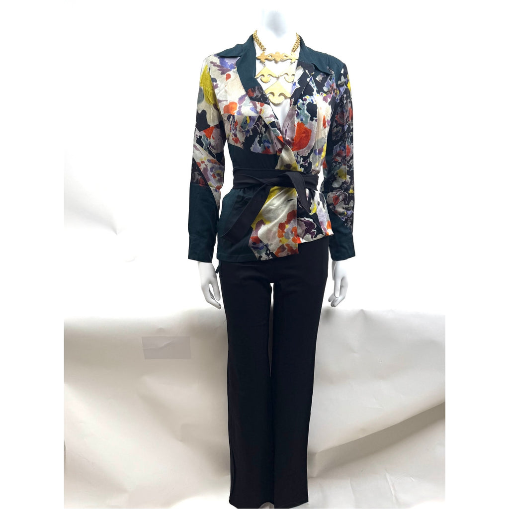 Luxury Style Multicolor Patterned Collared V-Neck Wrap Blouse