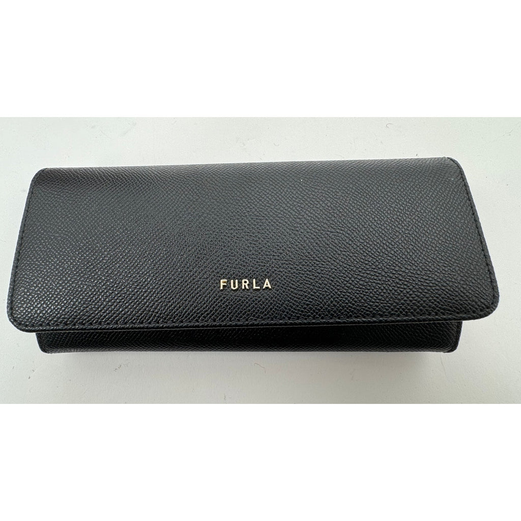 Furla NWT Black Pebble Grained Continental Trifold Wallet With Box and Bag Charm