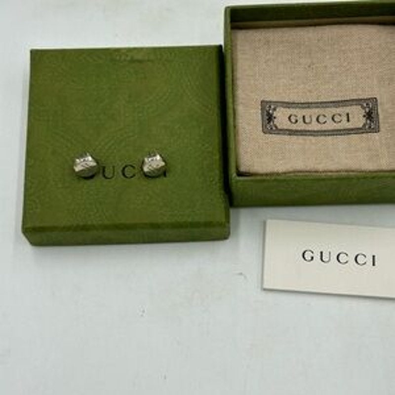 Gucci logo, engraved sterling silver hexagon stud earrings made in Italy