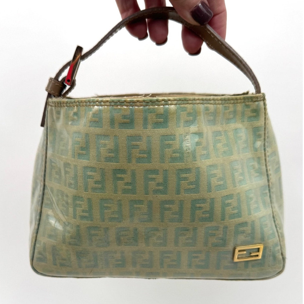 Fendi Green Monogram Open Top Handle Pochette Bag