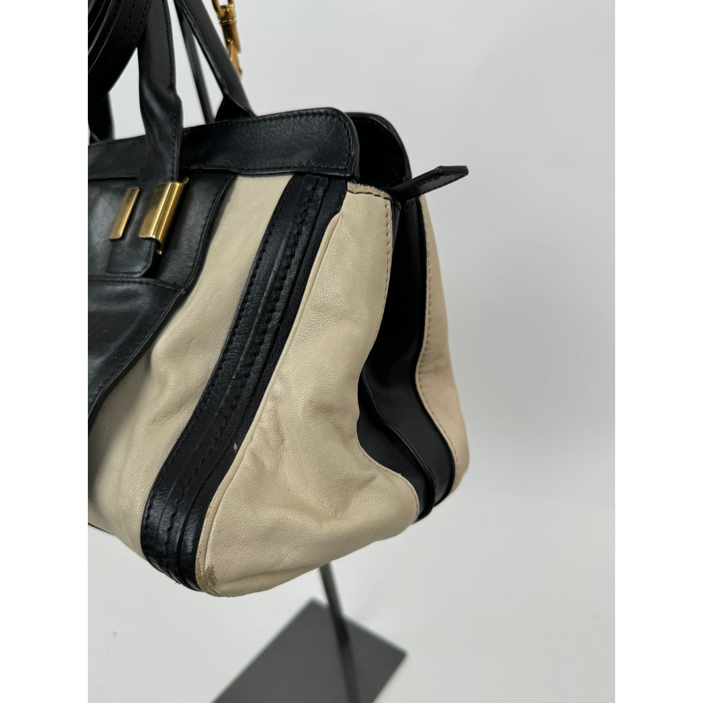 Chloe Black Cream Leather Colorblock Weekender Two Way Bag