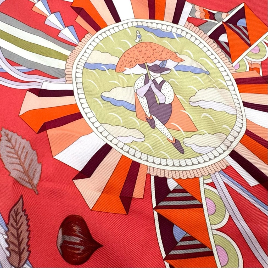 Hermes, silk scarf. The theme is the magic umbrella, coral colorway w/vignettes.