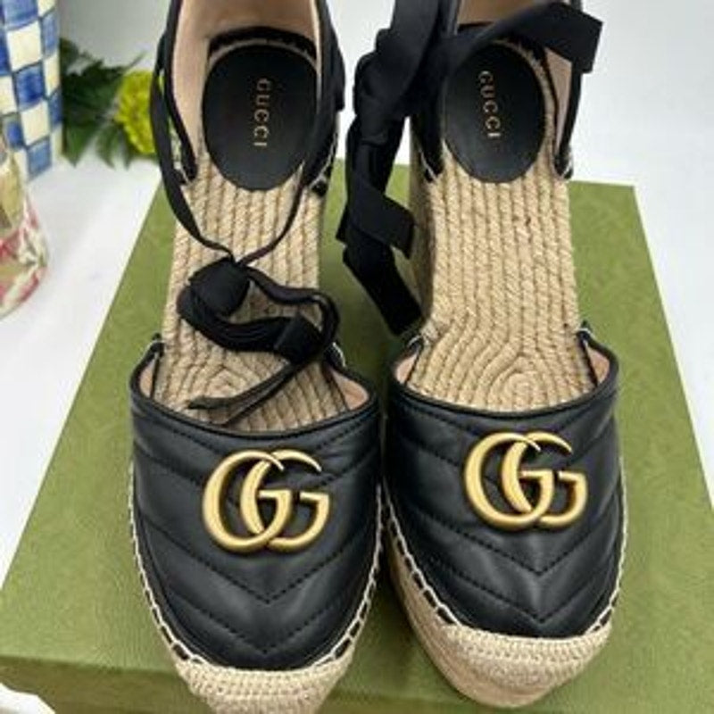 Women's Gucci GG Marmont ankle tie, wedge espadrilles size 40.5 made in Spain