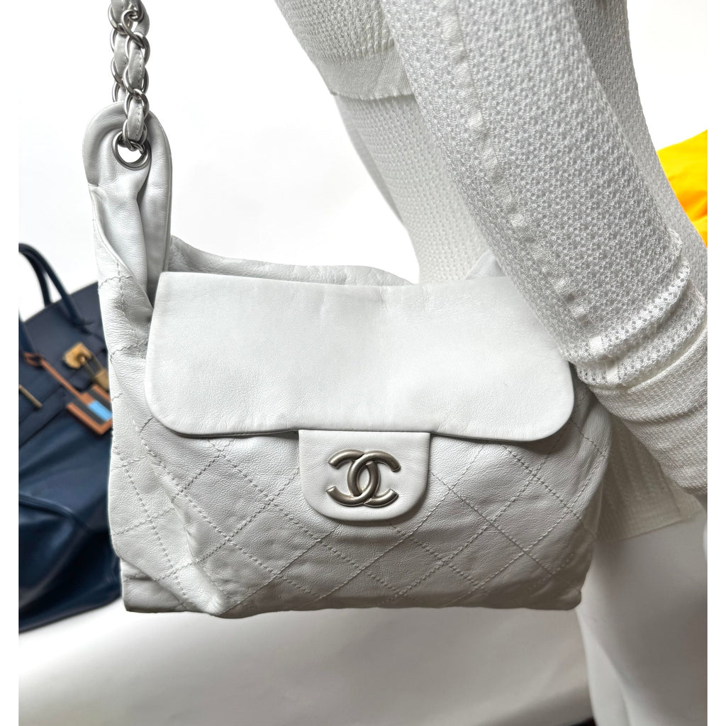 Chanel White Leather Rare Runway Archived Shoulder Bag w/Silver Hardware