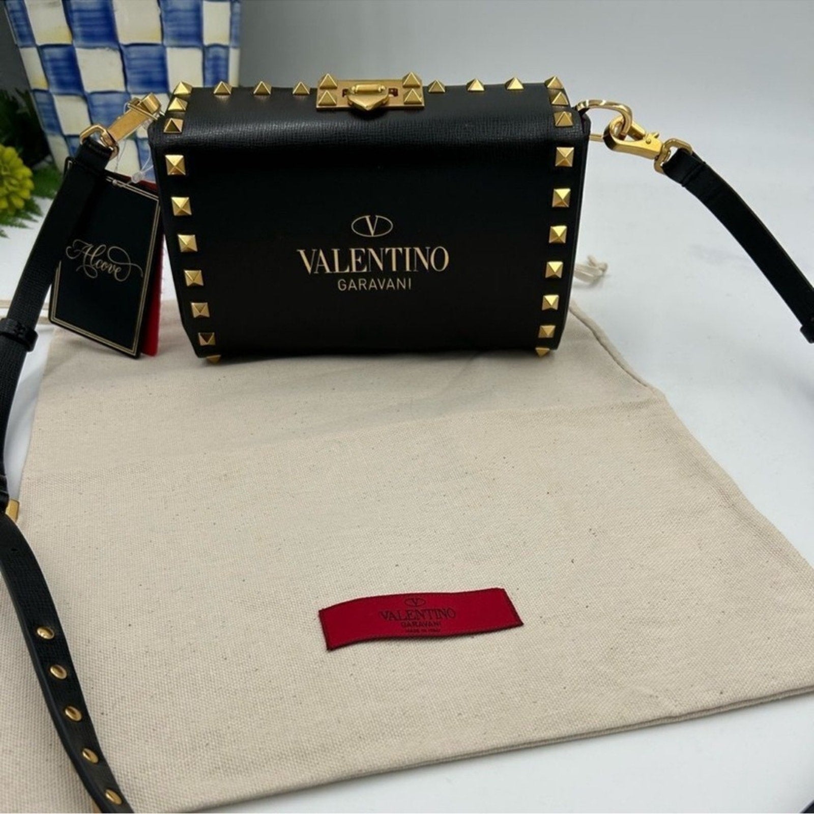 Women's Valentino Garavani gold Rockstud, leather shoulder bag made in Italy