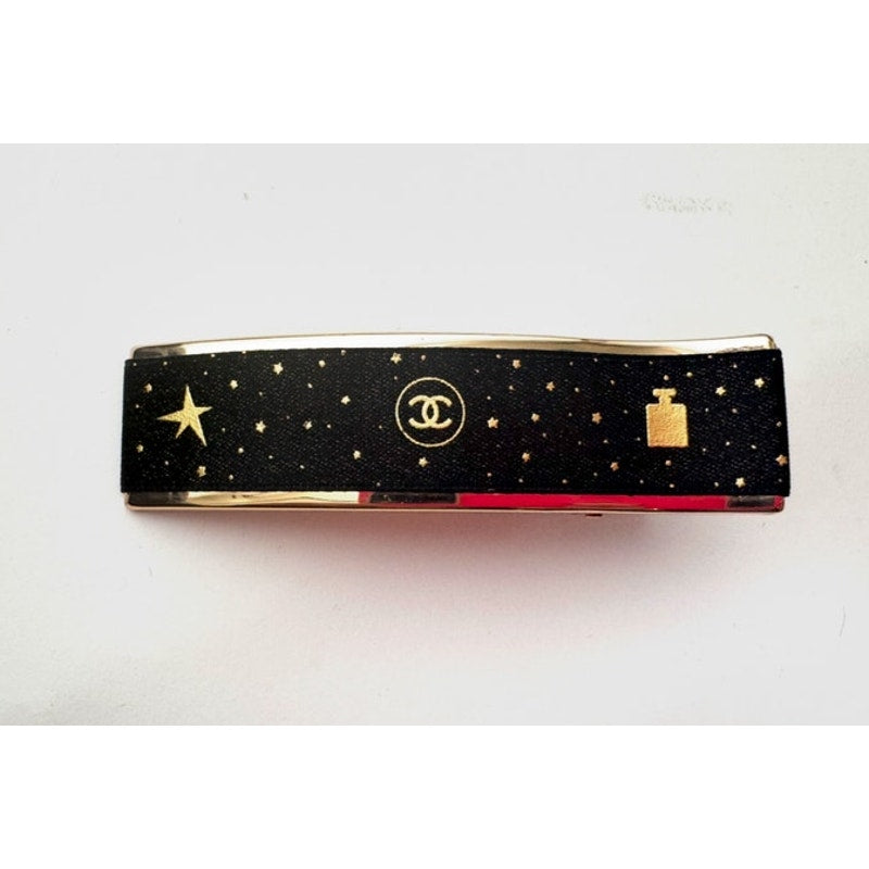 Women's Chanel Black & Gold Logo Star Print Hair Barrette Clip