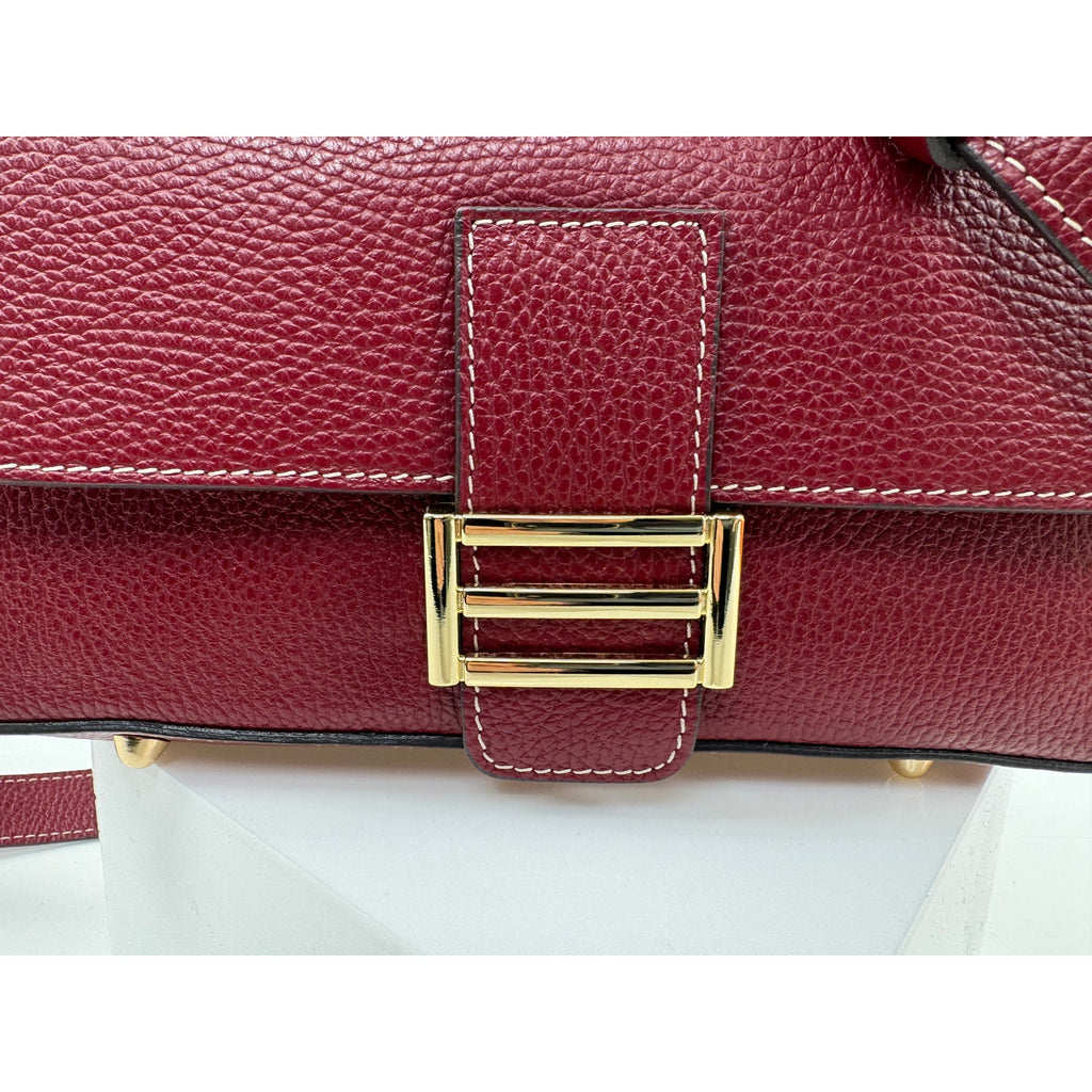 Divina Firenze Made in Italy Cranberry Leather Baguette Flap Crossbody Bag