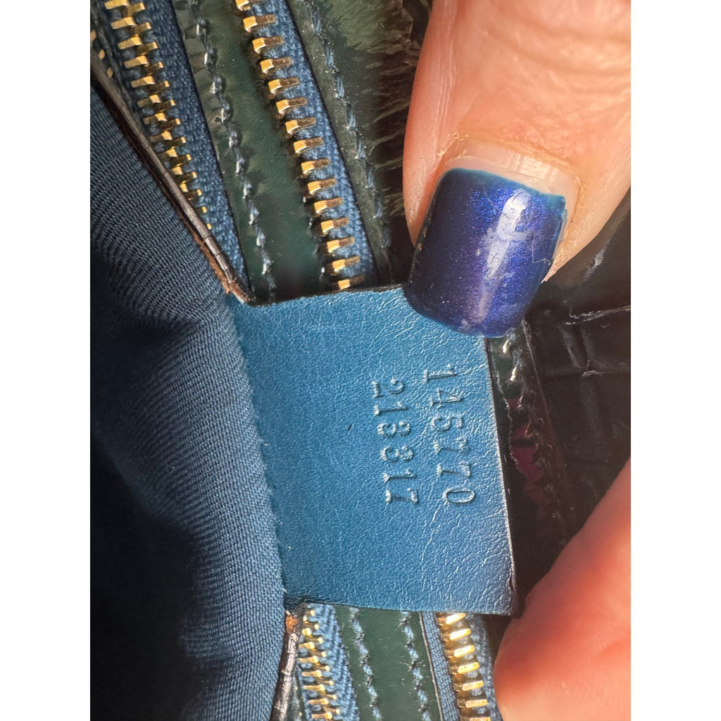 Gucci Vintage Green Blue Black patent leather top handle bag w/gold hardware